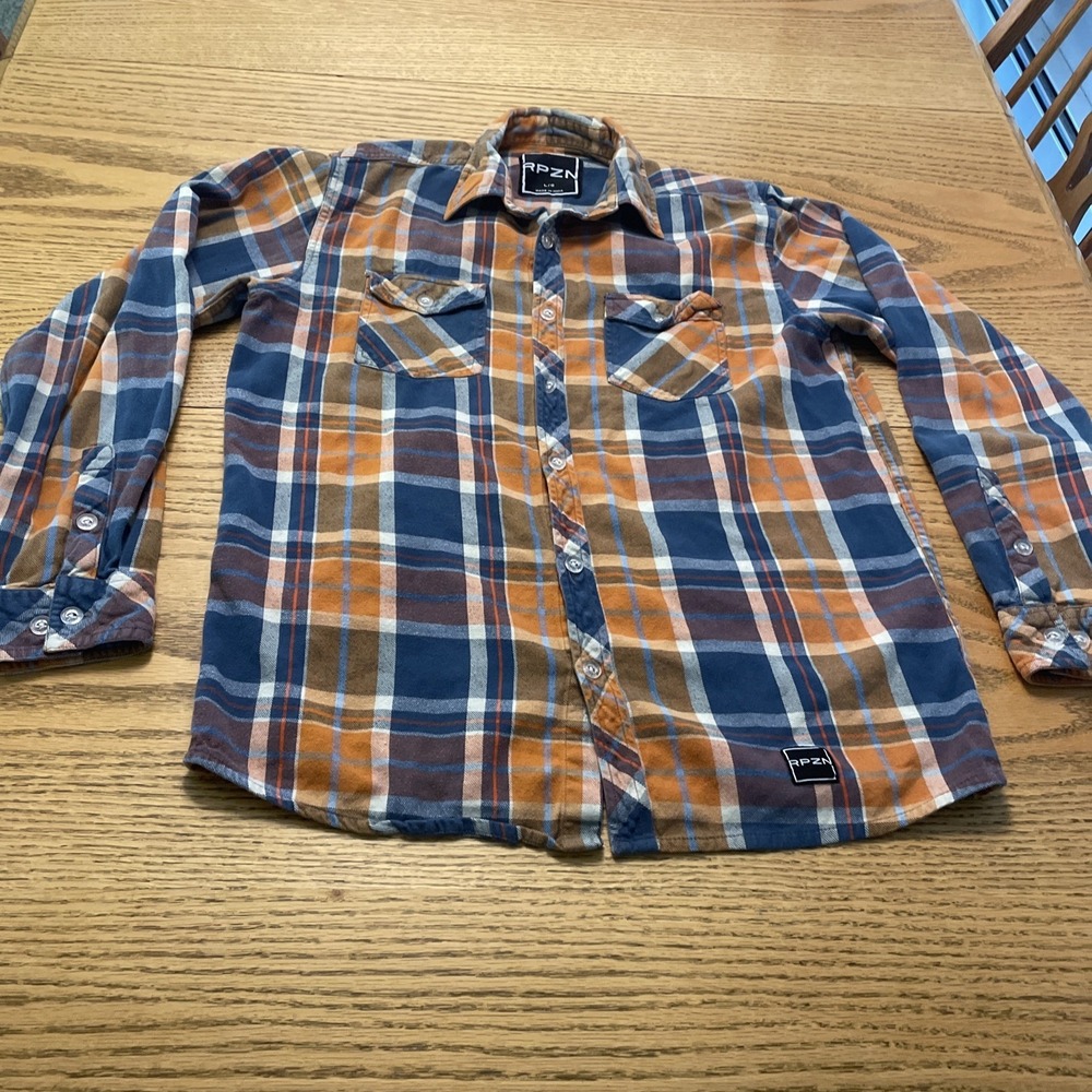 RPZN Flannel‎ Casual Button Up Shirt Mens Size Large Orange/Blue